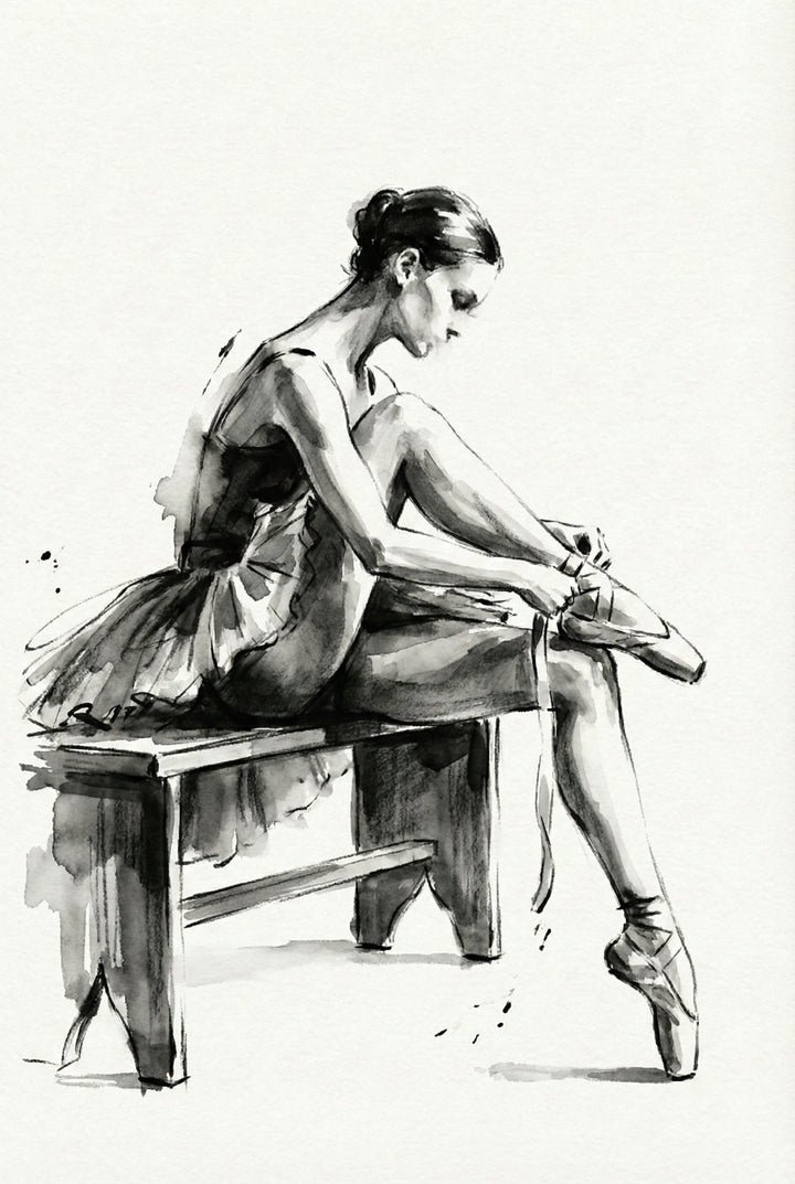 Monochrome watercolor of a ballerina seated on a wooden bench adjusting the ribbons of her pointe shoe. Her head tilts down in concentration as light and shadow define her posture.
