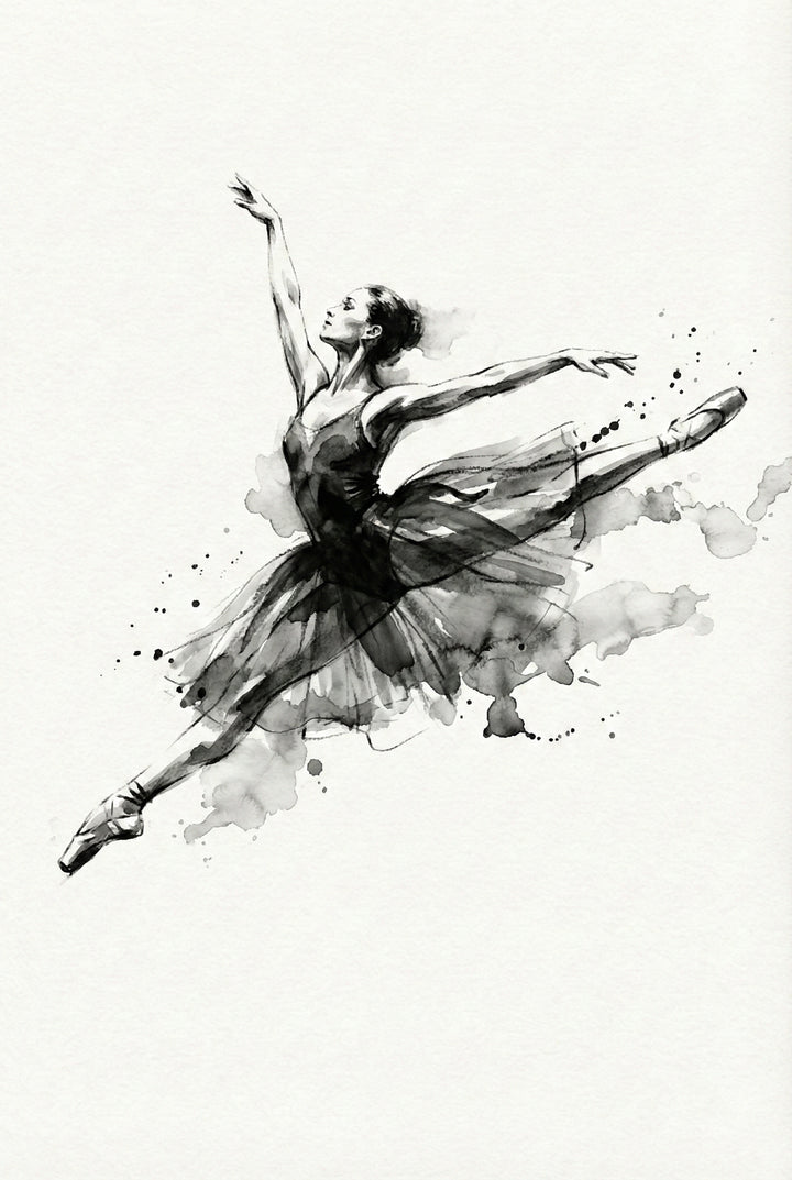 Expressive black and white watercolor of a ballerina leaping through the air in a split jump. Ink splashes and soft brushstrokes emphasize motion and the airy layers of her tutu.

