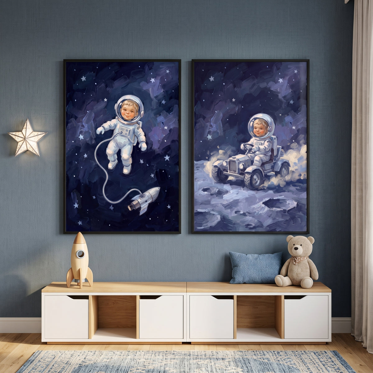 Inky Blue Baby Astronaut Wall Art Set of 2 - Tiny Moon Rover
