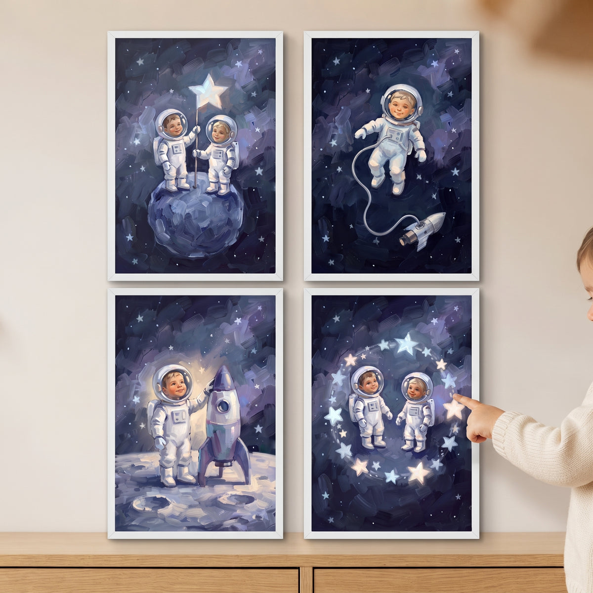 Inky cosmic baby astronaut wall art set of 4 features infants in spacesuits exploring the stars and moon.