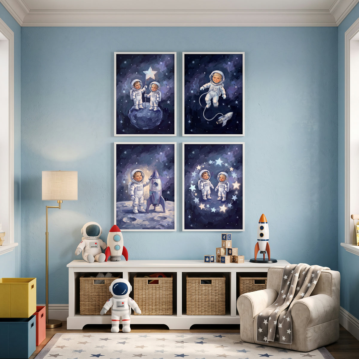 Inky Cosmic Baby Astronaut Wall Art Set of 4 - Stellar Baby Dreams