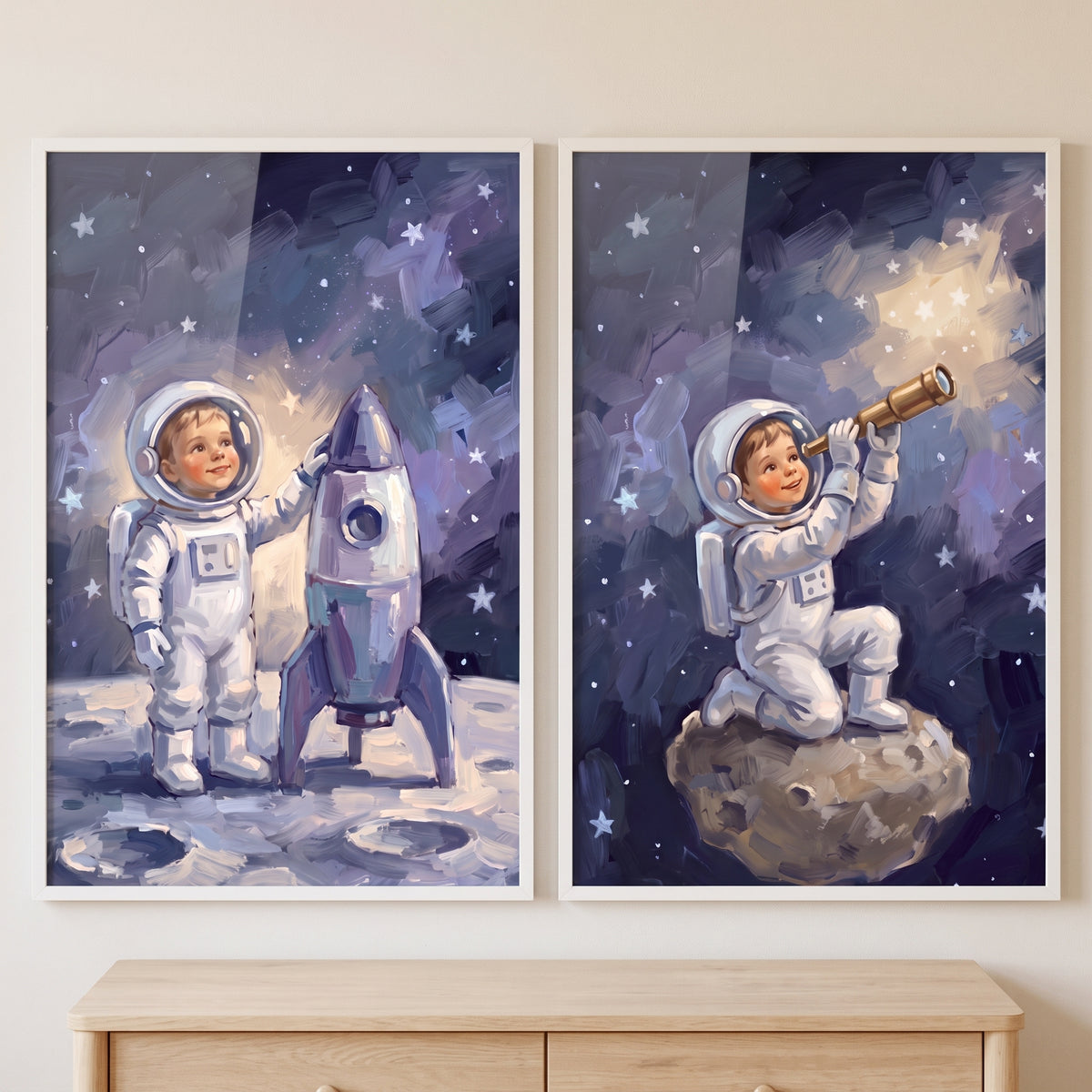 Inky night baby astronaut wall art set of 2 depicting a child in a spacesuit with a rocket and using a telescope.