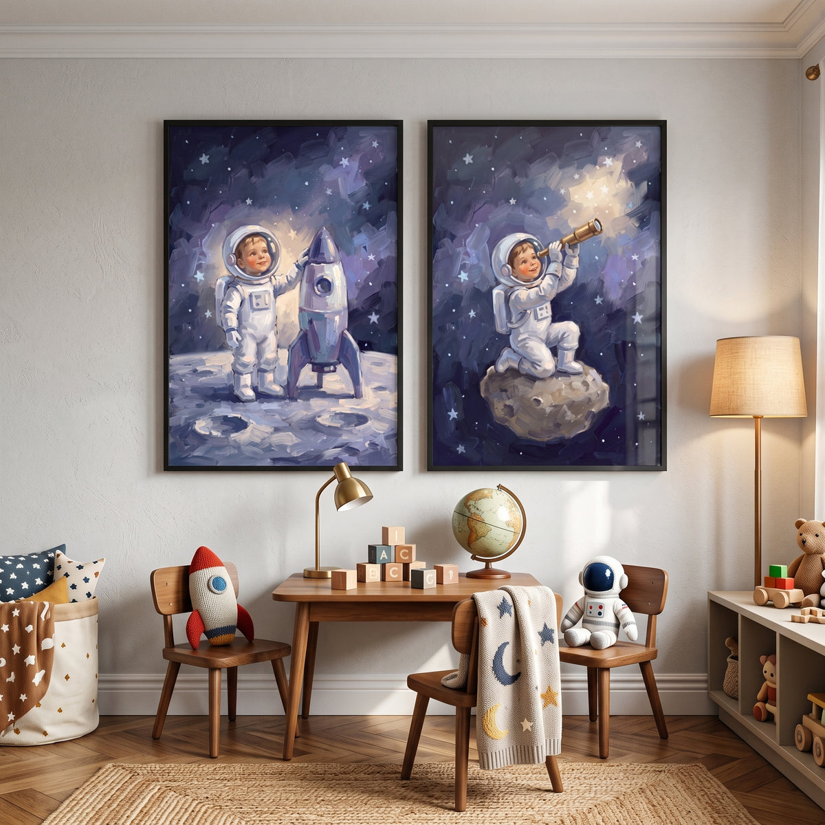 Inky Night Baby Astronaut Wall Art Set of 2 - Young Astro Voyager