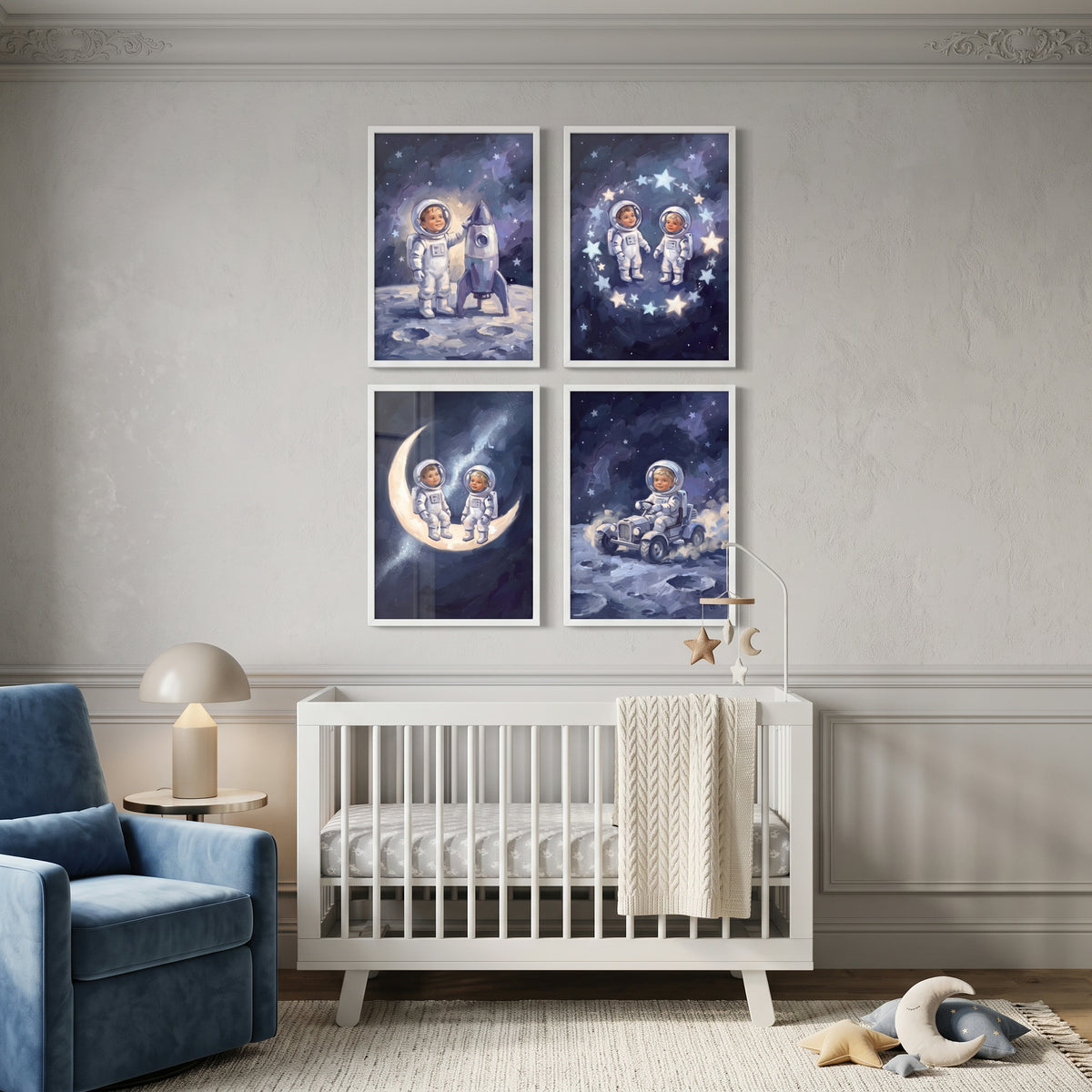 Inky Sapphire Baby Astronaut Wall Art Set of 4 - Moonbound Dreams