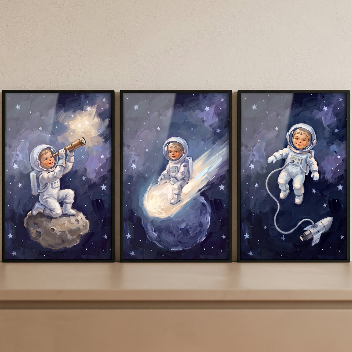 Inky sky baby astronaut wall art set of 3 features a child with a telescope, riding a comet, and floating with a rocket.