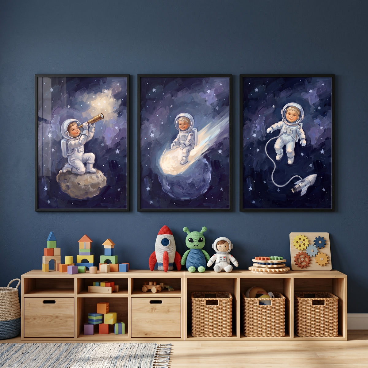 Inky Sky Baby Astronaut Wall Art Set of 3 - Young Star Traveler
