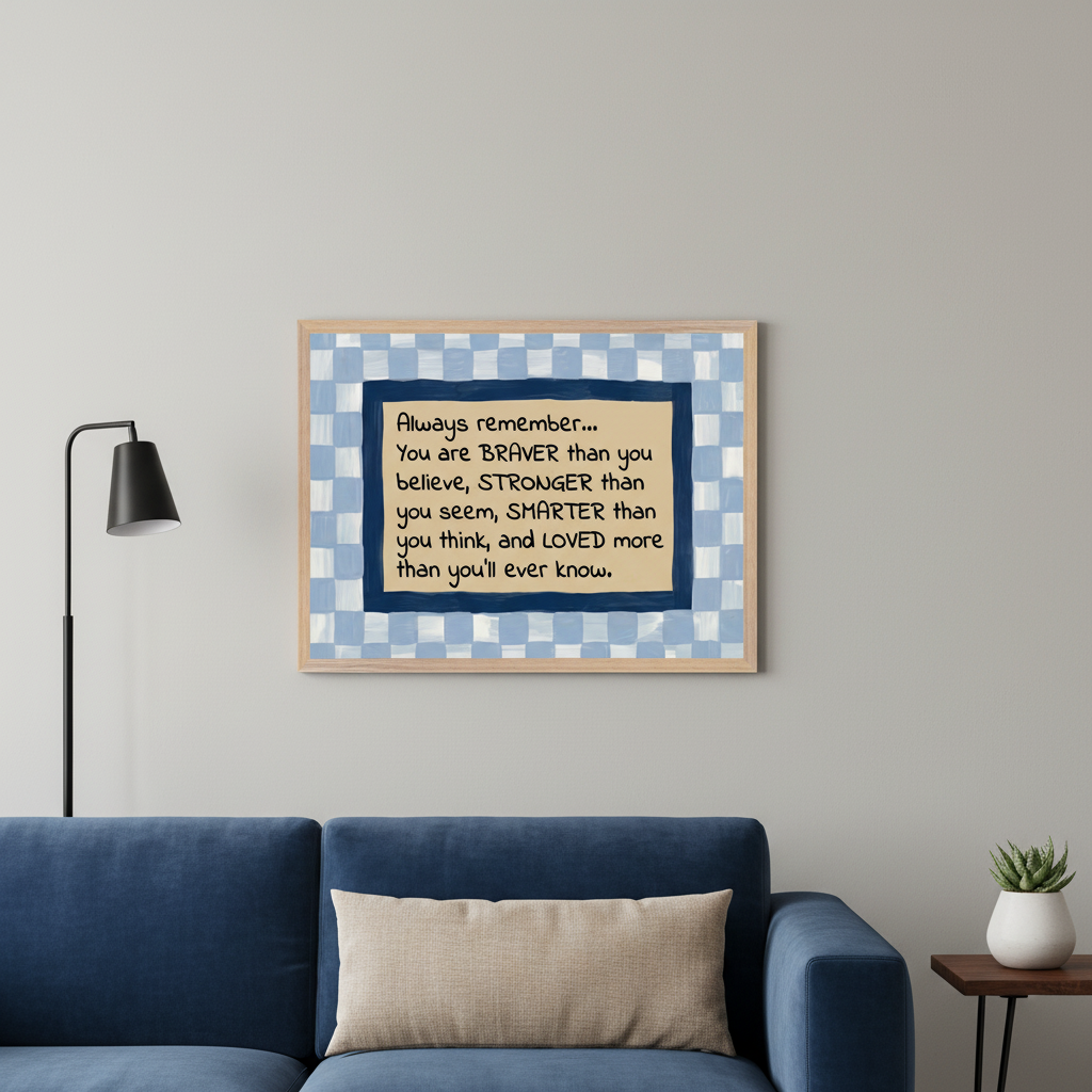 Living room with a blue sofa. A framed motivational quote hangs centered above the sofa. The quote reads: "Always remember... You are BRAVER than you believe, STRONGER than you seem, SMARTER than you think, and LOVED more than you'll ever know." It features a beige background with a blue and white checkered border.