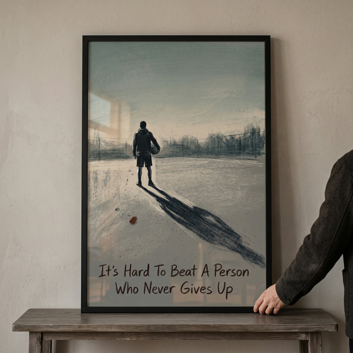Inspirational quote basketball player sports wall art features a person on a court with a long shadow and motivational text.