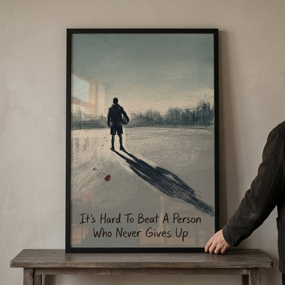 Inspirational quote basketball player sports wall art features a person on a court with a long shadow and motivational text.