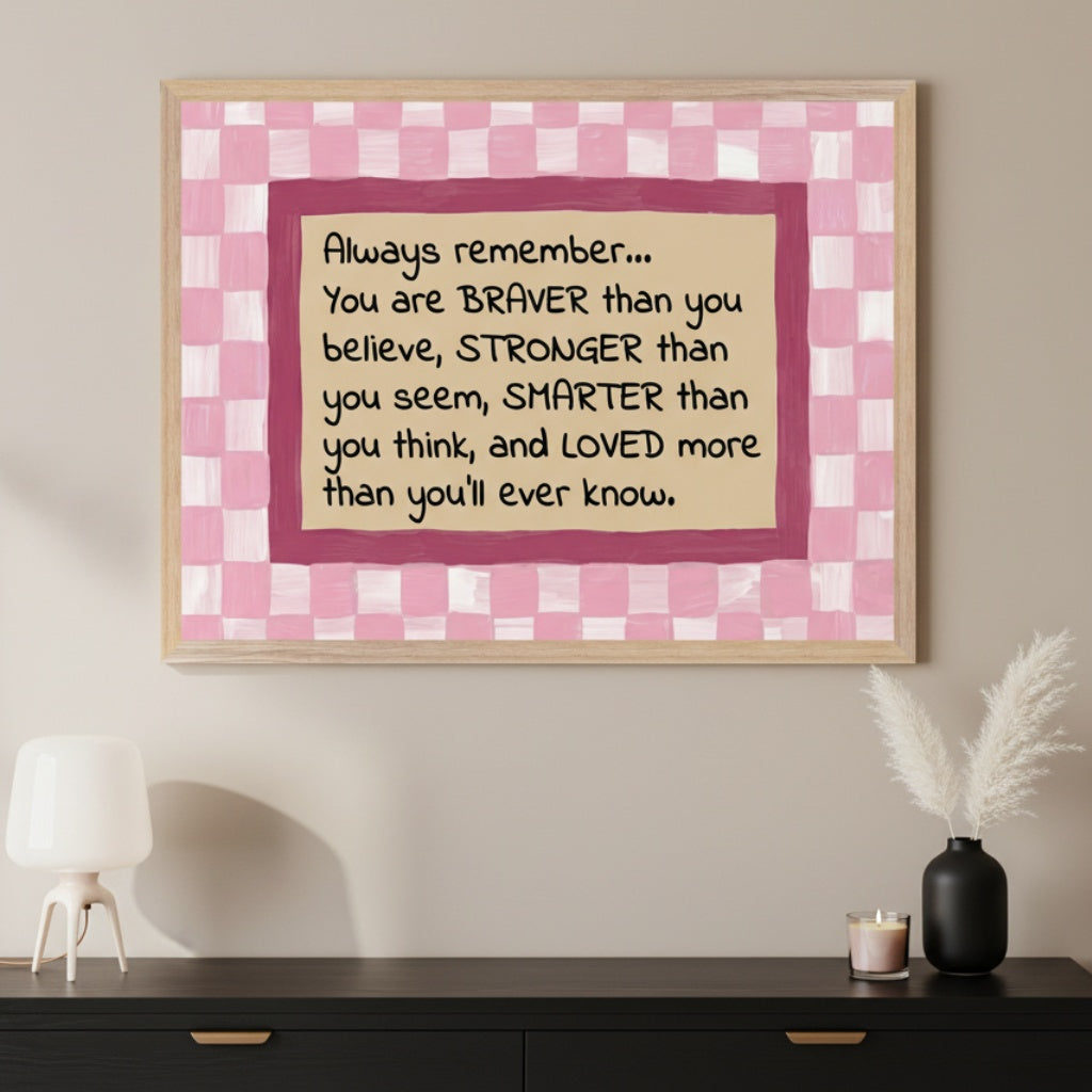 Modern room with a black console table. Above it hangs a framed print with a pink/white checkered border, a dark pink inner border, and beige text: 'Always remember... You are BRAVER than you believe, STRONGER than you seem, SMARTER than you think, and LOVED more than you'll ever know.' A white lamp and a black vase are on the table.
