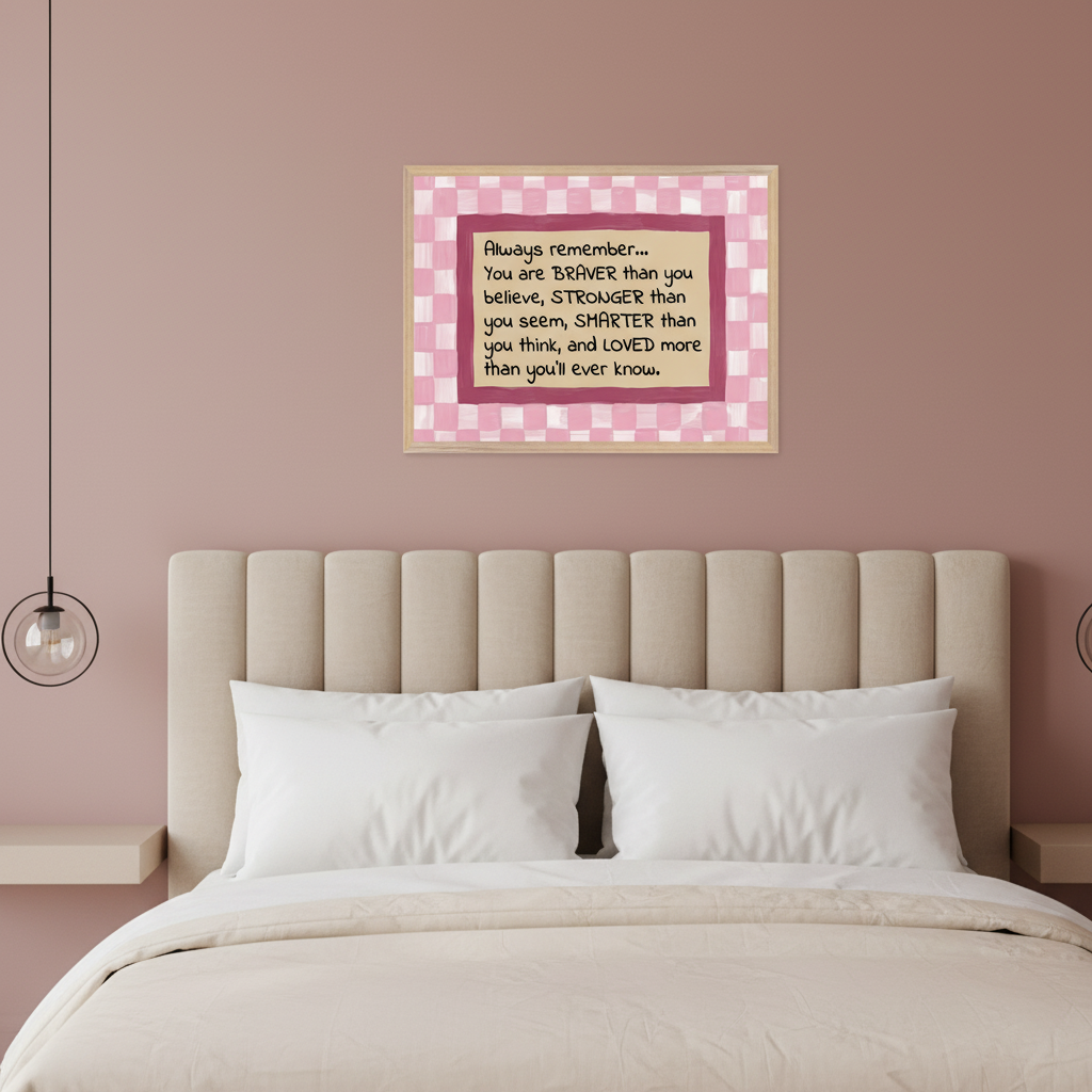 Modern bedroom with a beige upholstered bed. Framed wall art featuring a motivational quote on a pink and white checkered background hangs centered above the headboard. The quote reads: "Always remember... You are BRAVER than you believe, STRONGER than you seem, SMARTER than you think, and LOVED more than you'll ever know."