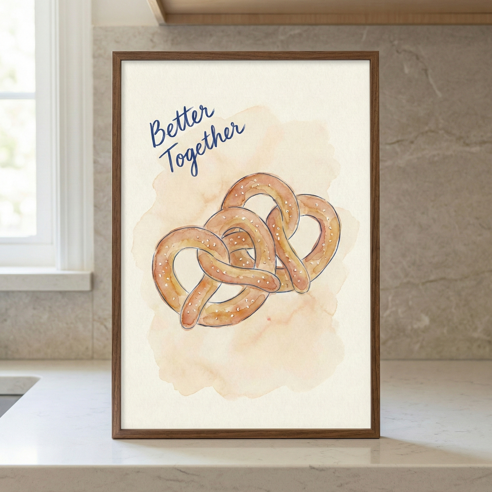 A vertical, brown wood-framed piece of art stands on a white kitchen countertop. The artwork features a watercolor-style illustration on an off-white, textured background. Two golden-brown pretzels with white salt sprinkles are intertwined in the center, set over a soft, light-orange wash. Above the pretzels, the phrase "Better Together" is written in a dark blue, hand-lettered cursive font. The frame is positioned in front of a neutral-toned tiled backsplash and near a window.