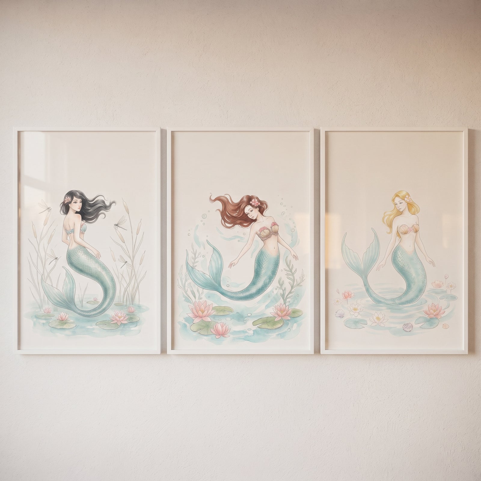 Iridescent teal tail mermaid wall art set of 3 features three mermaids with flowing hair in a soft watercolor style.