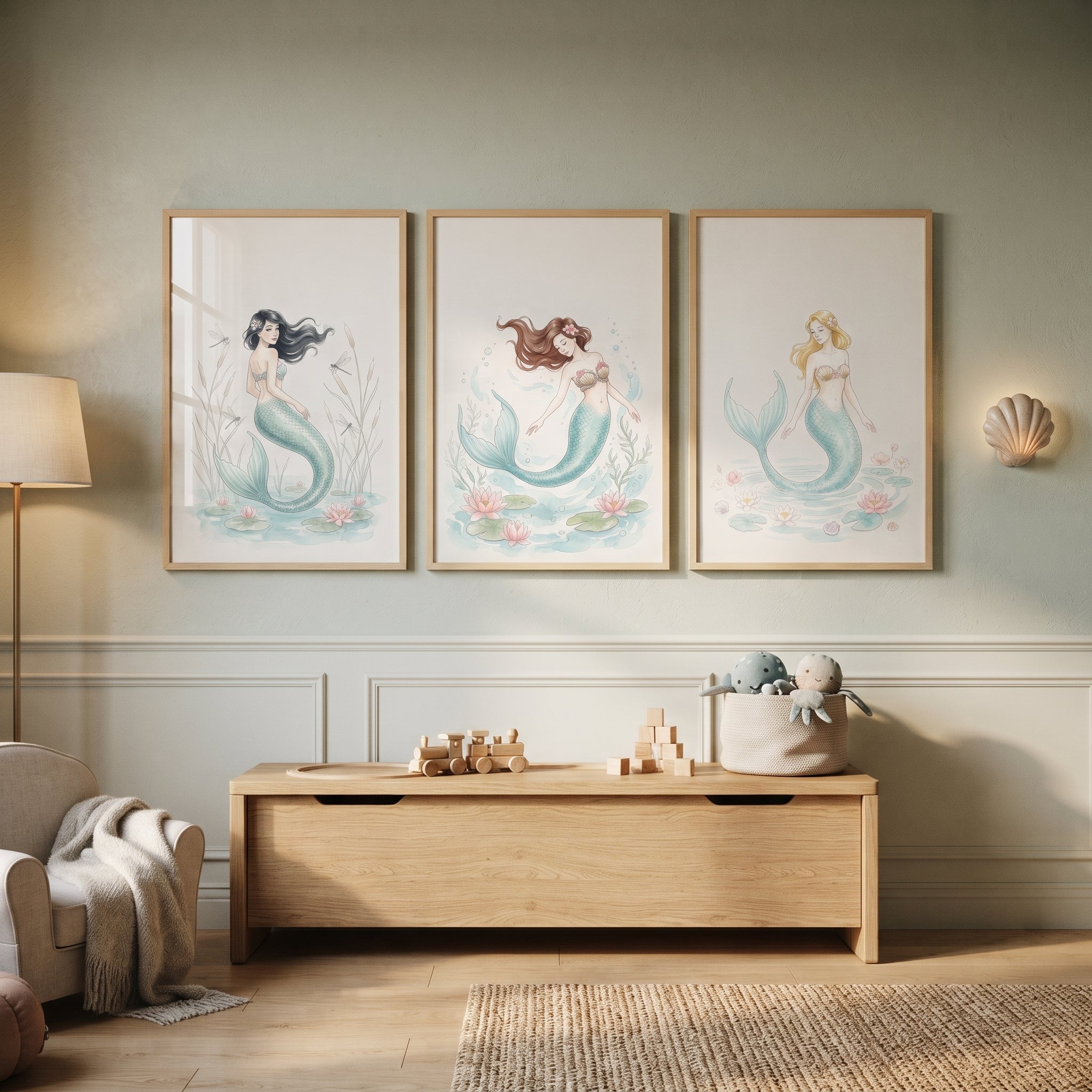 Iridescent Teal Tail Mermaid Wall Art Set of 3 - Serene Water Maidens