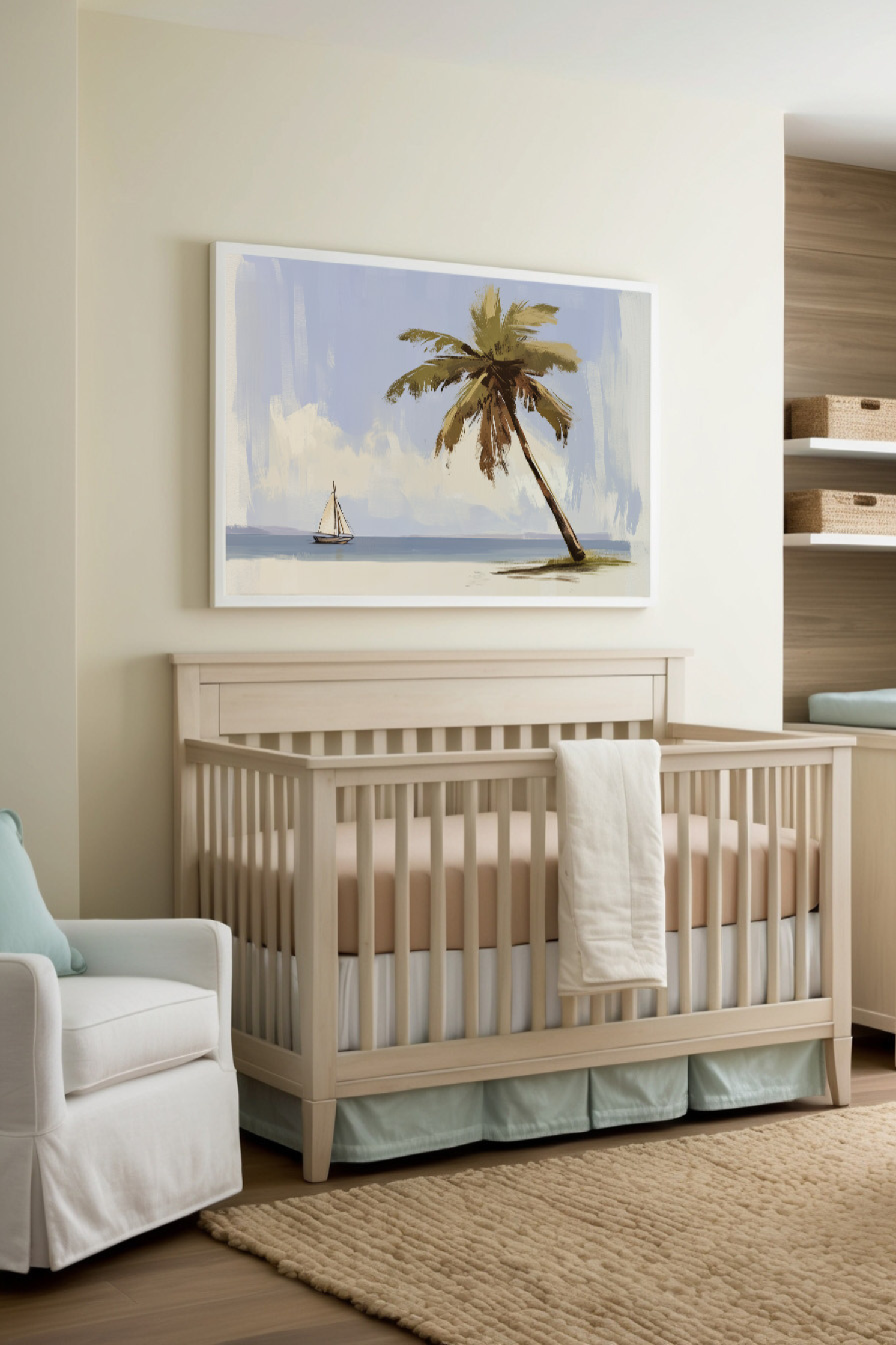 Neutral-toned nursery with a wooden crib and coastal-themed artwork featuring a palm tree and sailboat, creating a calm, beach-inspired atmosphere.