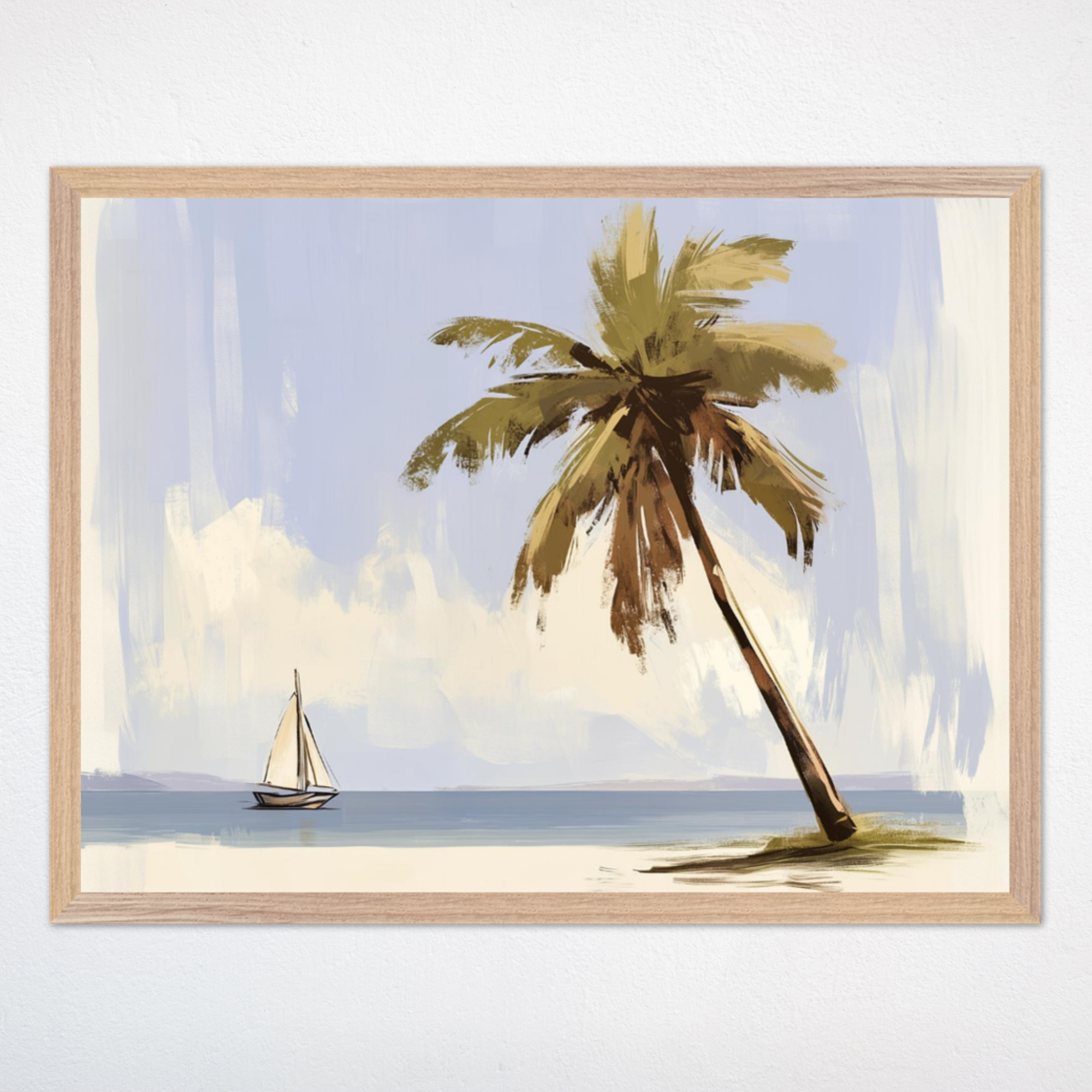 A framed painting showing a serene tropical scene with a tall palm tree leaning towards a calm sea. A small sailboat gently floats on the water, under a soft blue sky with hints of white clouds. The artwork evokes a peaceful, beachy atmosphere.