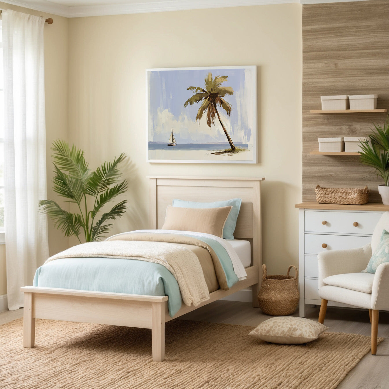 A cozy, neutral-colored bedroom with soft beige and pastel bedding, natural wood furniture, and houseplants. A tropical-themed painting featuring a palm tree and sailboat hangs prominently above the bed, enhancing the calm, beach-inspired atmosphere.