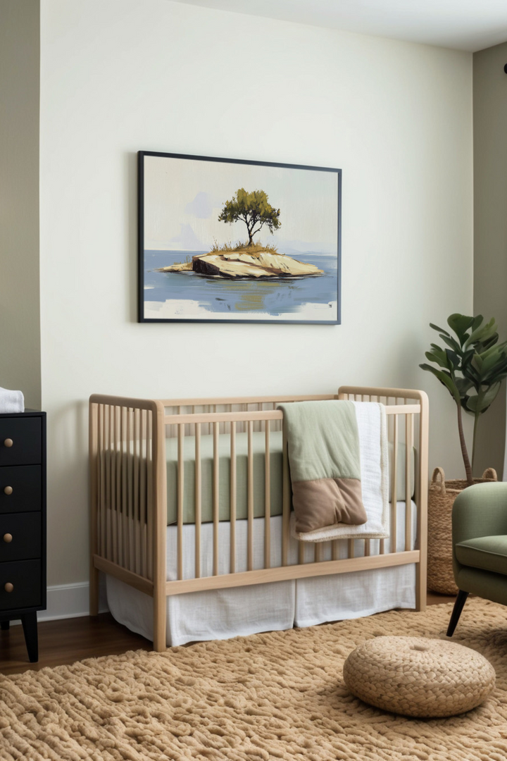 Cozy, nature-inspired nursery with earthy tones, a wooden crib, and serene wall art depicting a solitary tree on a small island, creating a tranquil and grounding atmosphere.