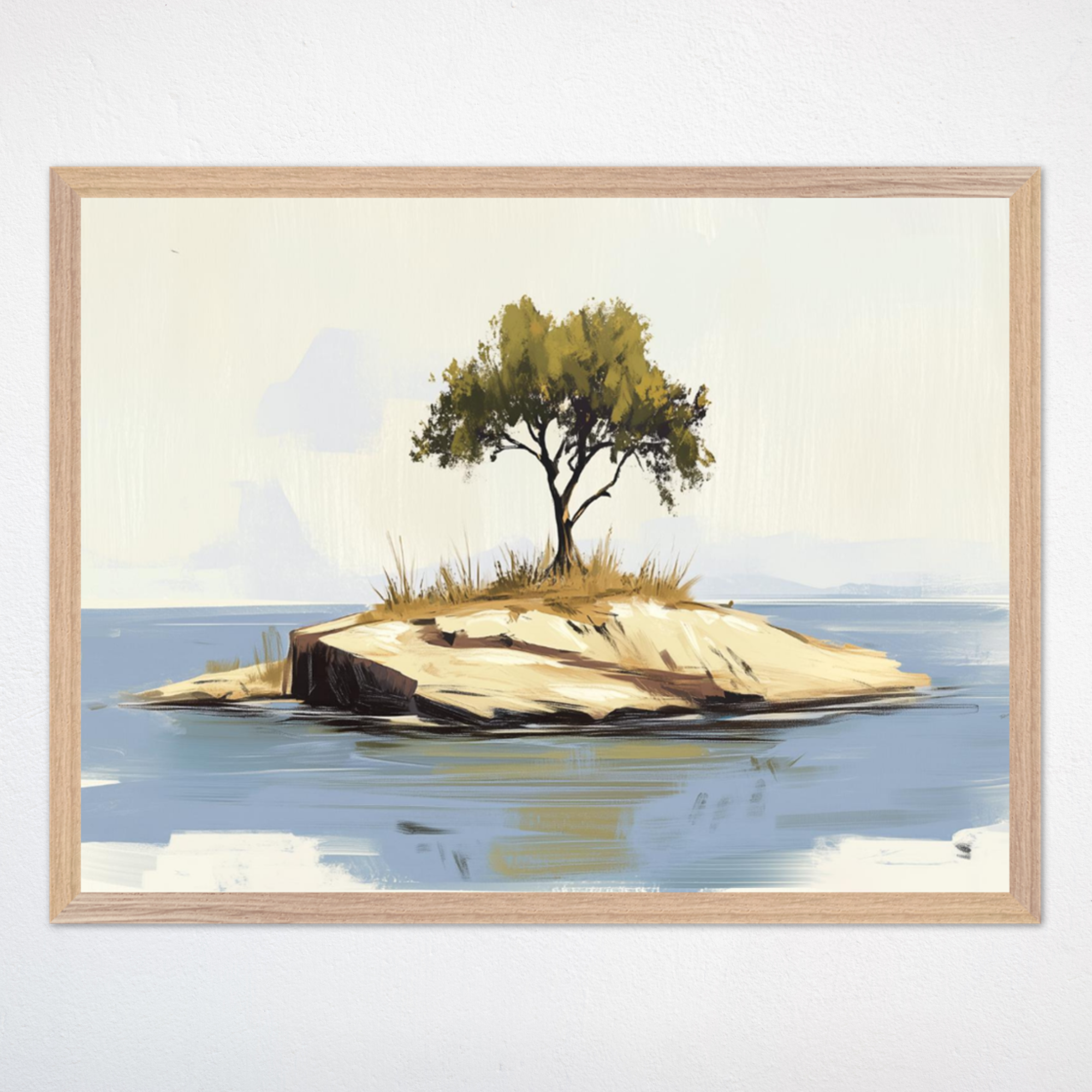 A solitary tree stands tall on a small rocky island surrounded by calm, reflective water. The soft brush strokes and muted colors give the artwork a peaceful, isolated atmosphere.