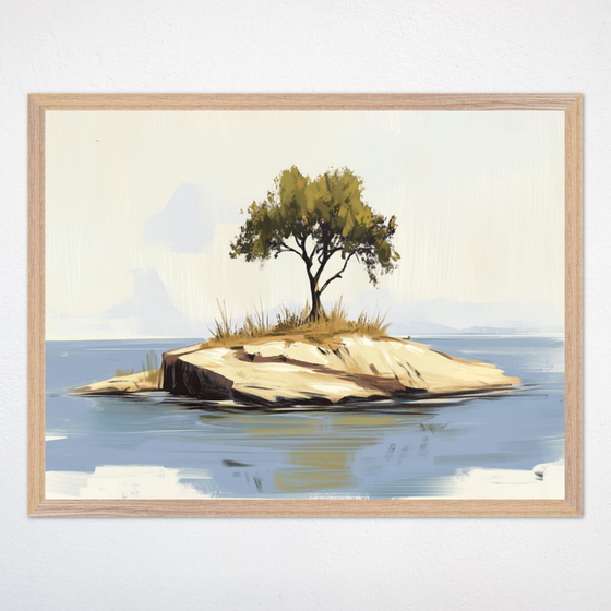 A solitary tree stands tall on a small rocky island surrounded by calm, reflective water. The soft brush strokes and muted colors give the artwork a peaceful, isolated atmosphere.