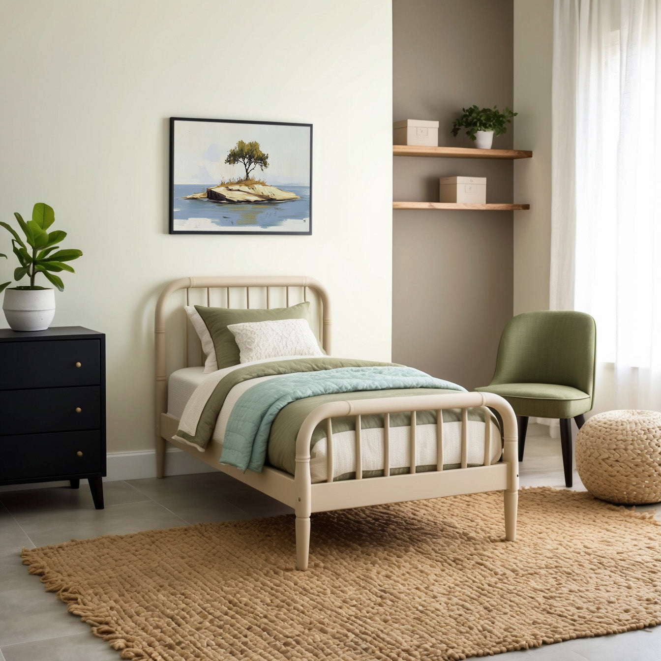 Nature-inspired bedroom featuring soft green and beige bedding, natural wood shelves, and lush plants. Above the bed hangs a peaceful painting of a small island with a solitary tree, complementing the room’s calm and earthy atmosphere.