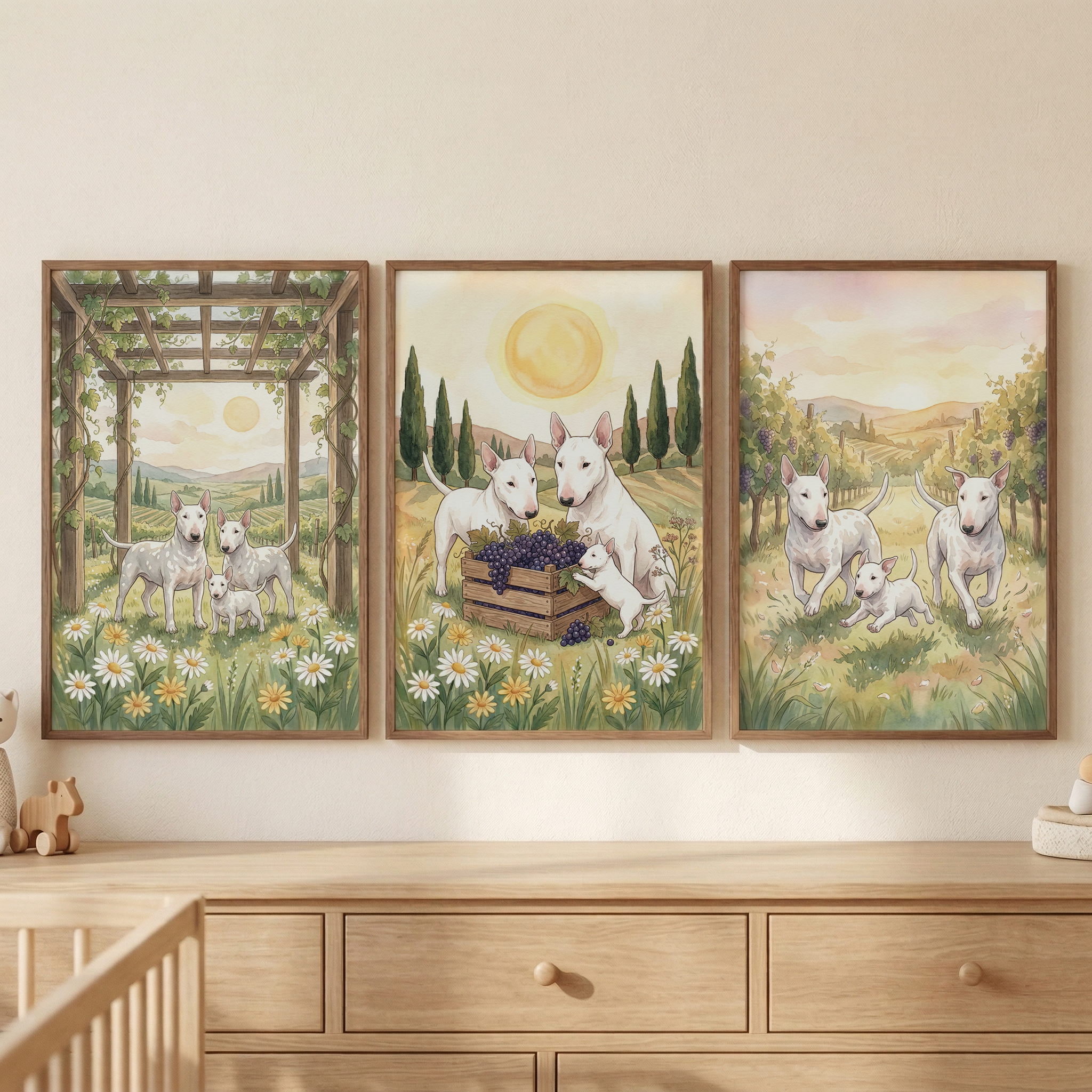 Italian Rural Bull Terrier  Wall Art Set of 3 - Sunlit Country Dogs