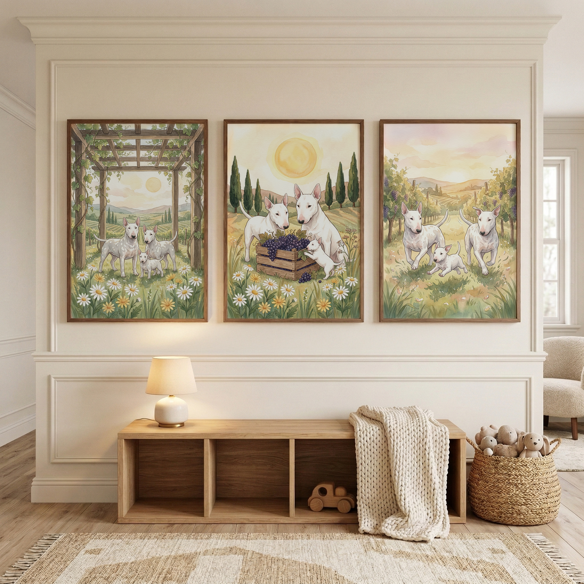 Italian Rural Bull Terrier  Wall Art Set of 3 - Sunlit Country Dogs