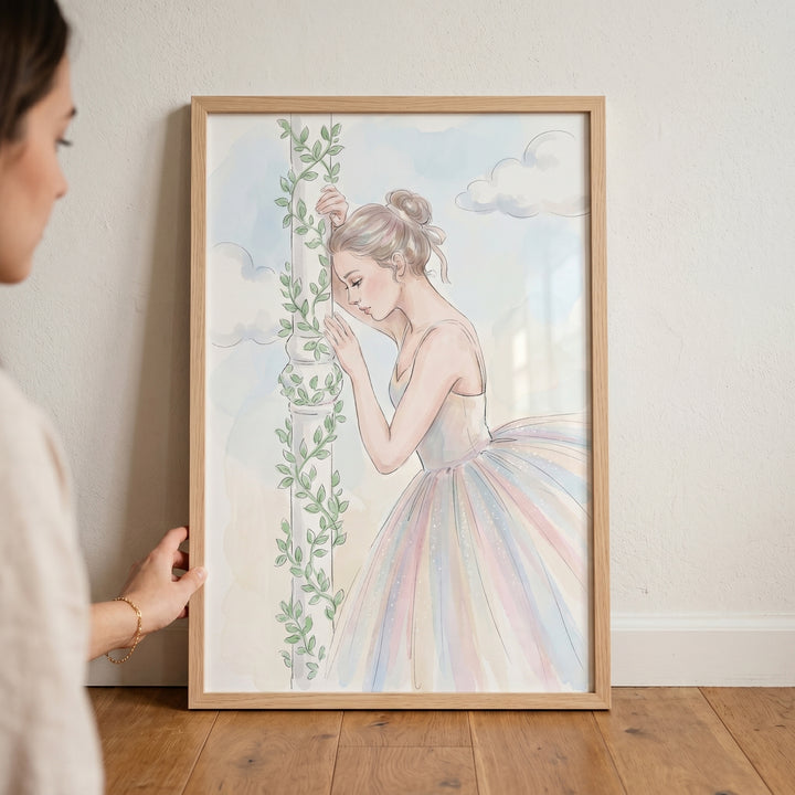 Framed ivy pillar ballerina artwork shows a dancer in a pastel dress leaning against an ivy-covered column under clouds.