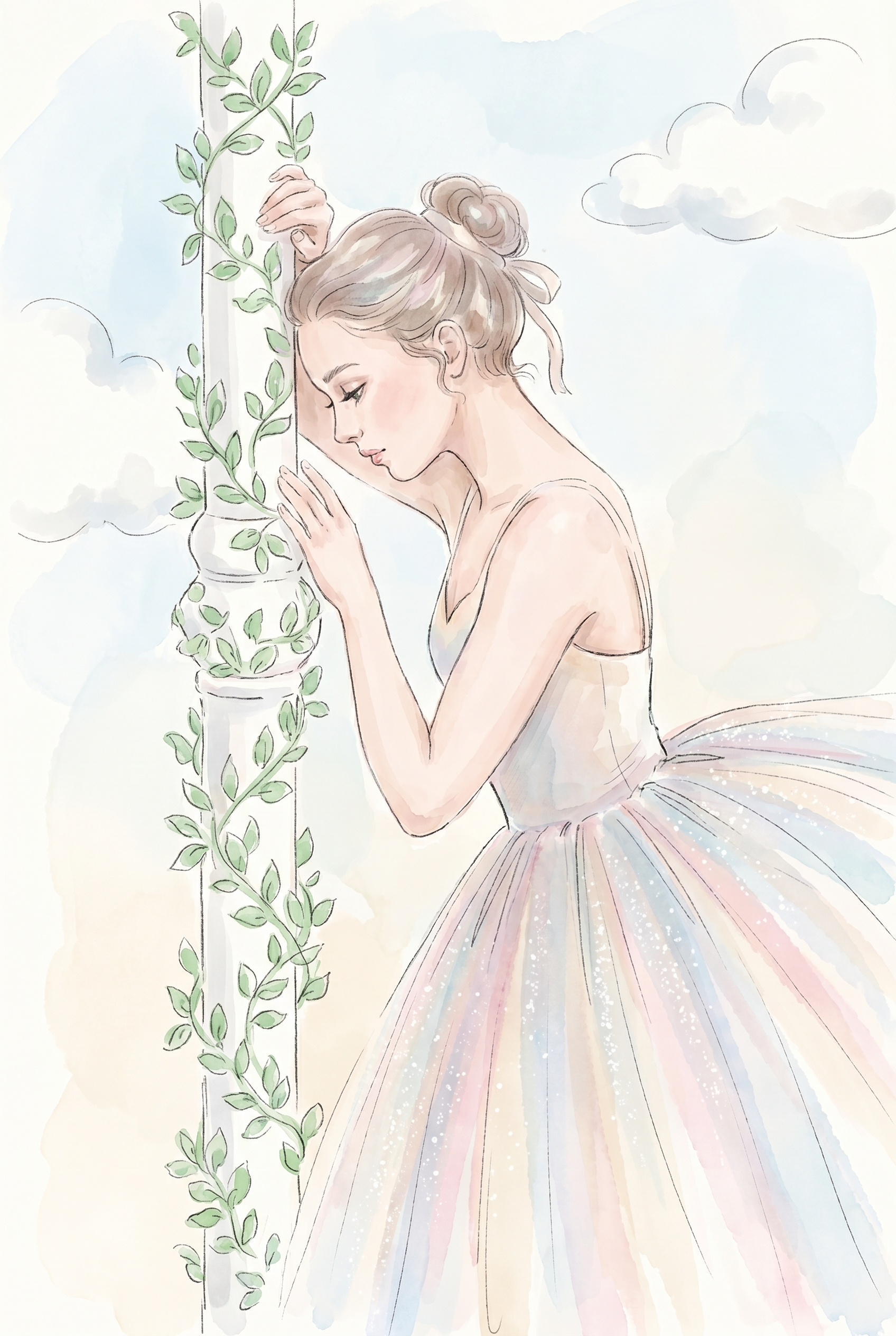 Ivy Pillar Ballerina Artwork - Pastel Garden Grace