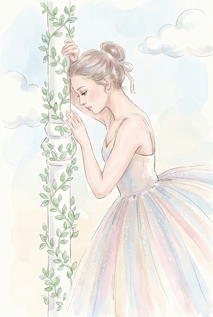 Watercolor ivy pillar ballerina artwork shows a girl in a pastel tutu leaning against a white column with green vines.