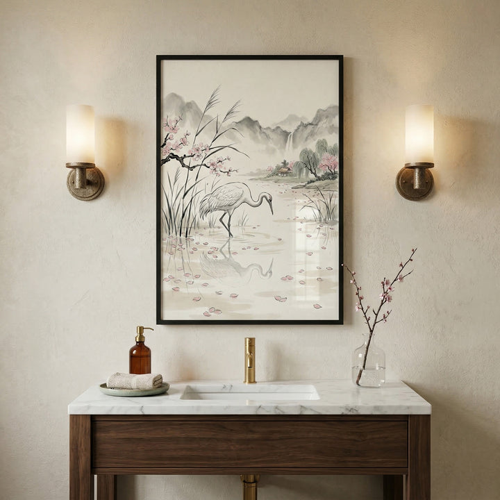 A serene and sophisticated bathroom interior designed with a minimalist, zen-like aesthetic. Centered on a warm, textured off-white wall is a large, vertically oriented, black-framed ink wash and watercolor illustration. The artwork depicts a graceful white crane wading in a still pond, surrounded by tall reeds and a branch of delicate pink blossoms, with misty mountain silhouettes in the background.