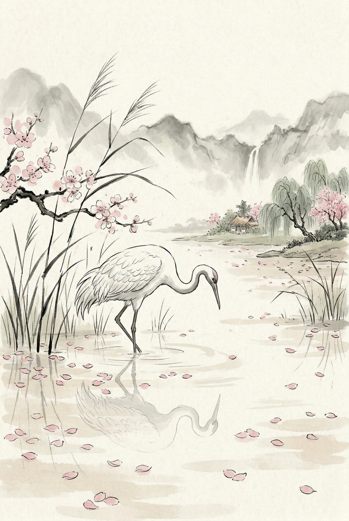 Soft ink and watercolor landscape shows a white crane wading in still shallow water with its reflection mirrored below. Pink flower petals drift across the water beside reeds and blooming branches while misty mountains, a distant waterfall, willow trees, and a small cottage fade into the background.
