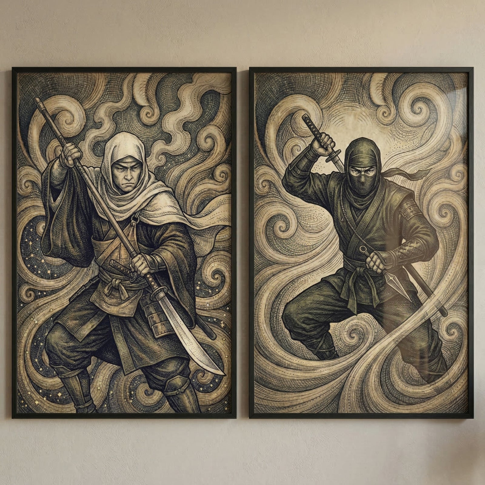 This image shows two separate framed illustrations hanging side-by-side on a wall. The style is a detailed monochrome ink-based work featuring intricate cross-hatching and stylized flowing patterns.
The left frame depicts a warrior in traditional layered garments and a white cowl. He is holding a long-handled weapon with a curved blade in a focused, defensive stance. The background is filled with swirling, decorative patterns that resemble stylized clouds and wind.

