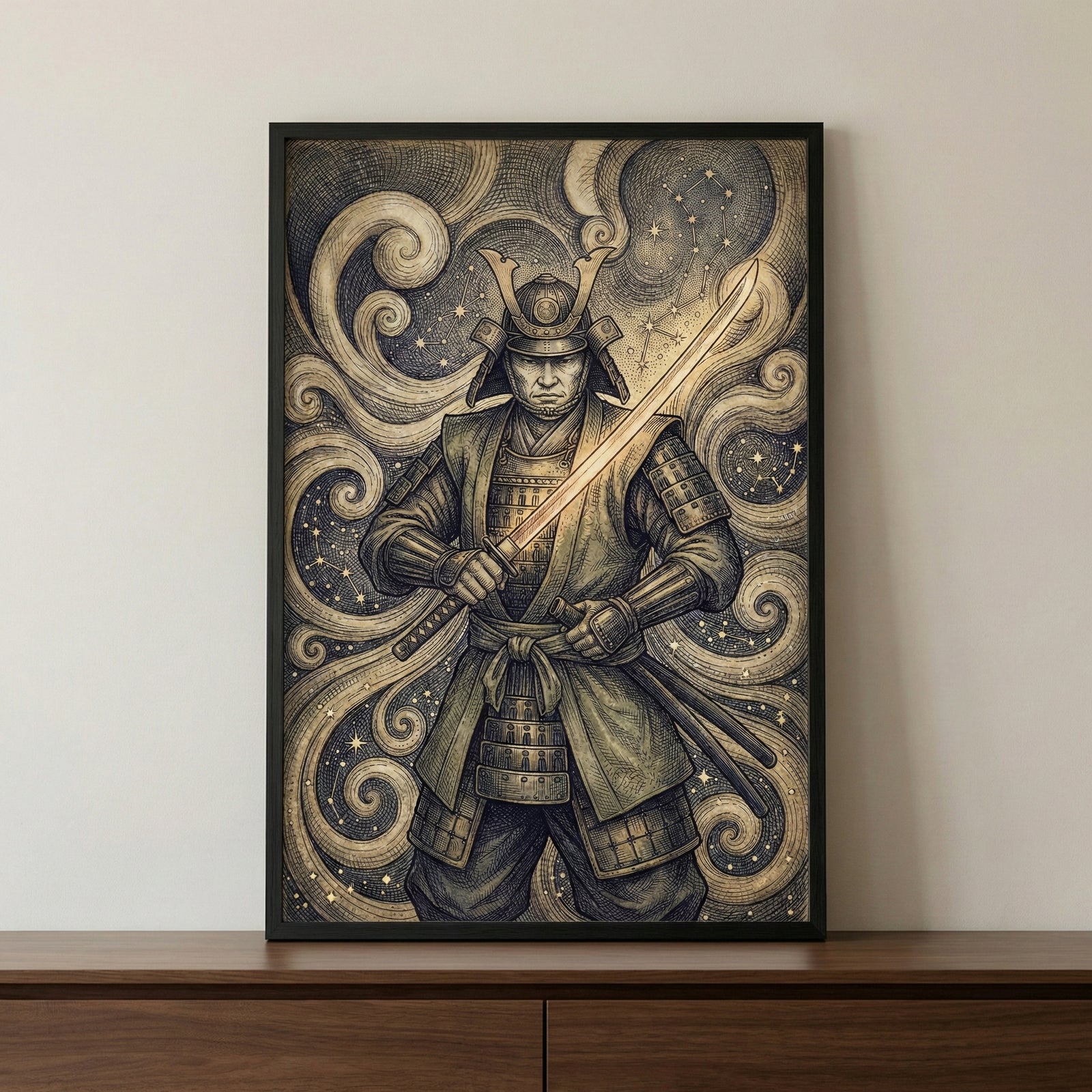 Framed artwork featuring a fierce samurai in traditional armor holding a glowing katana, set against a swirling, starry background in sepia tones. The celestial elements and intricate detailing create a powerful and mystical atmosphere, blending warrior strength with cosmic energy.