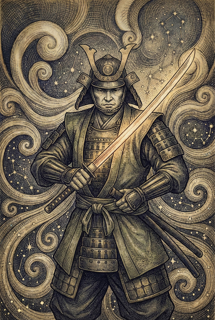 Intricate illustration of a stoic samurai in traditional armor, gripping a glowing katana with both hands. The swirling celestial background filled with stars and constellations enhances the sense of power and mysticism surrounding the warrior.