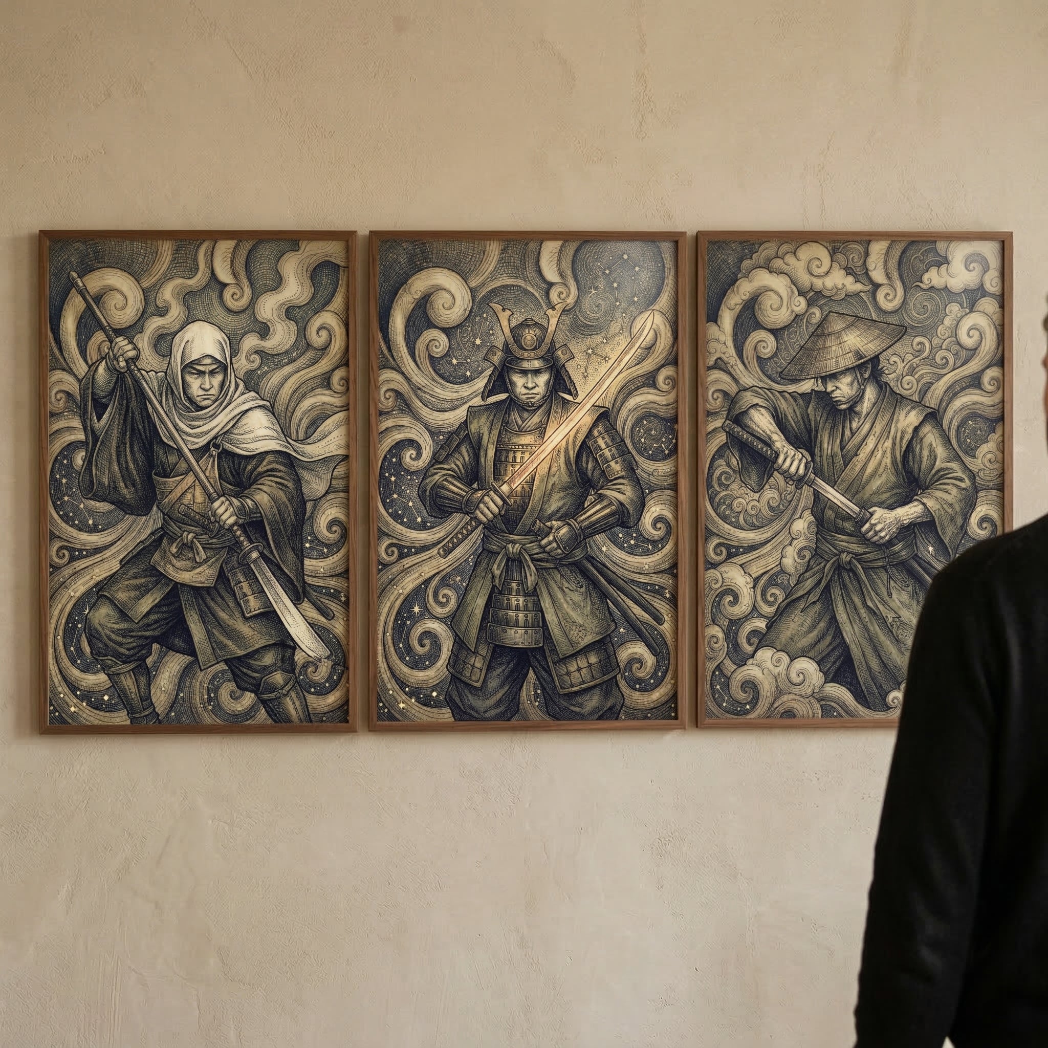 Japanese Warriors Wall Art Set of 3 - Celestial Blade Masters