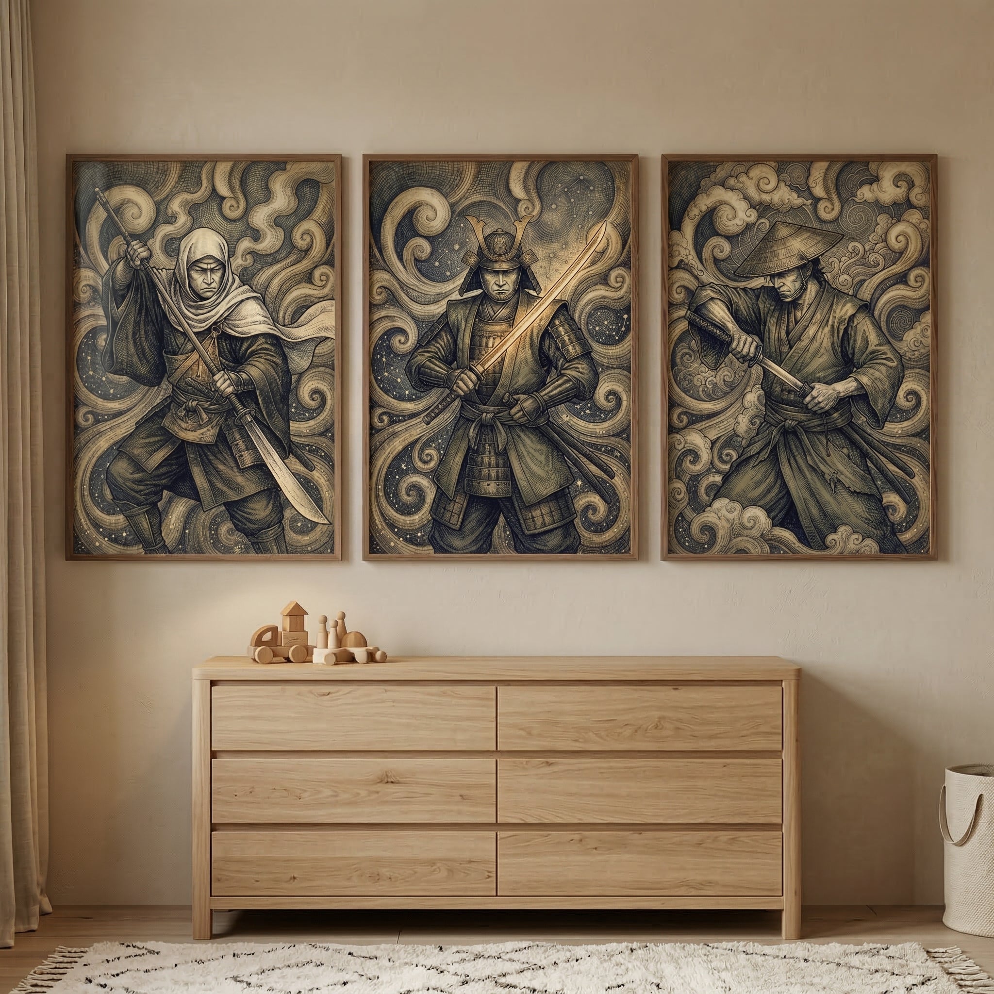 Japanese Warriors Wall Art Set of 3 - Celestial Blade Masters
