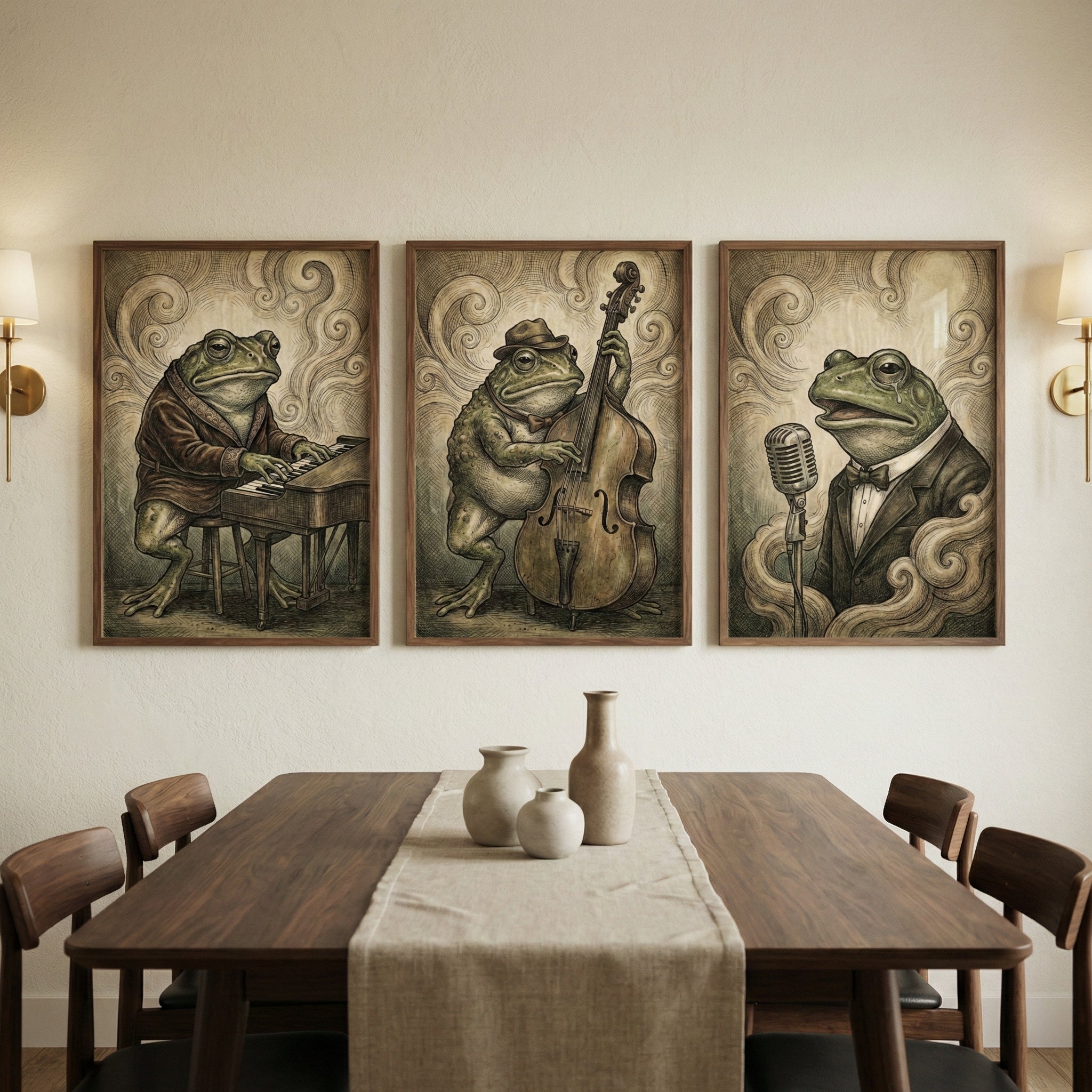 A minimalist dining room features a dark wood rectangular table set with a light-colored runner and three neutral-toned ceramic vases. On the cream-colored wall above the table, three framed pieces of art are displayed in a row. These illustrations, done in a vintage, sepia-toned style, feature anthropomorphic frogs in a jazz-themed setting. 