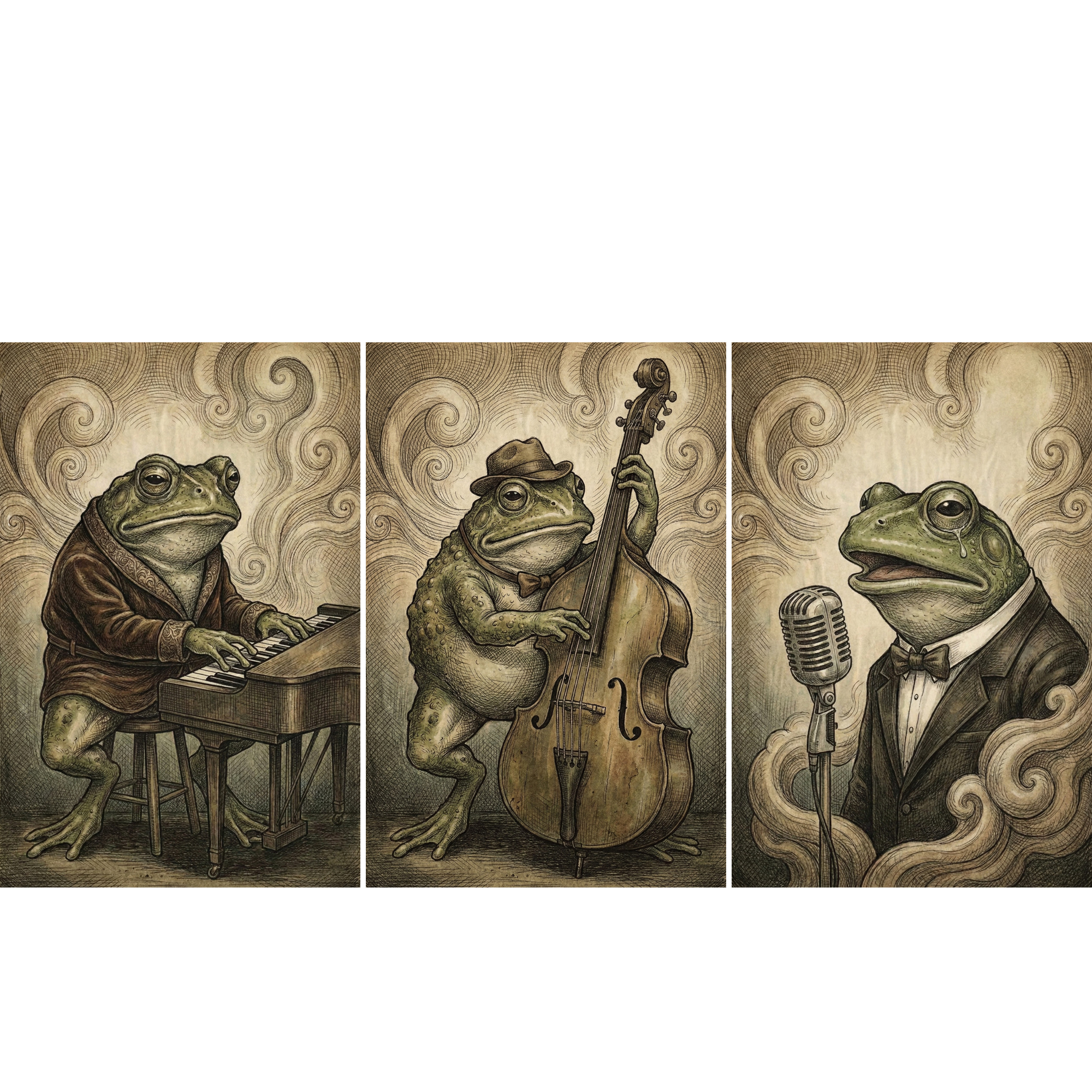 Vintage style illustration of a frog in a brown robe sitting on a stool and playing a small upright piano. Soft swirling smoke patterns fill the background, giving the artwork a moody jazz era feel.
