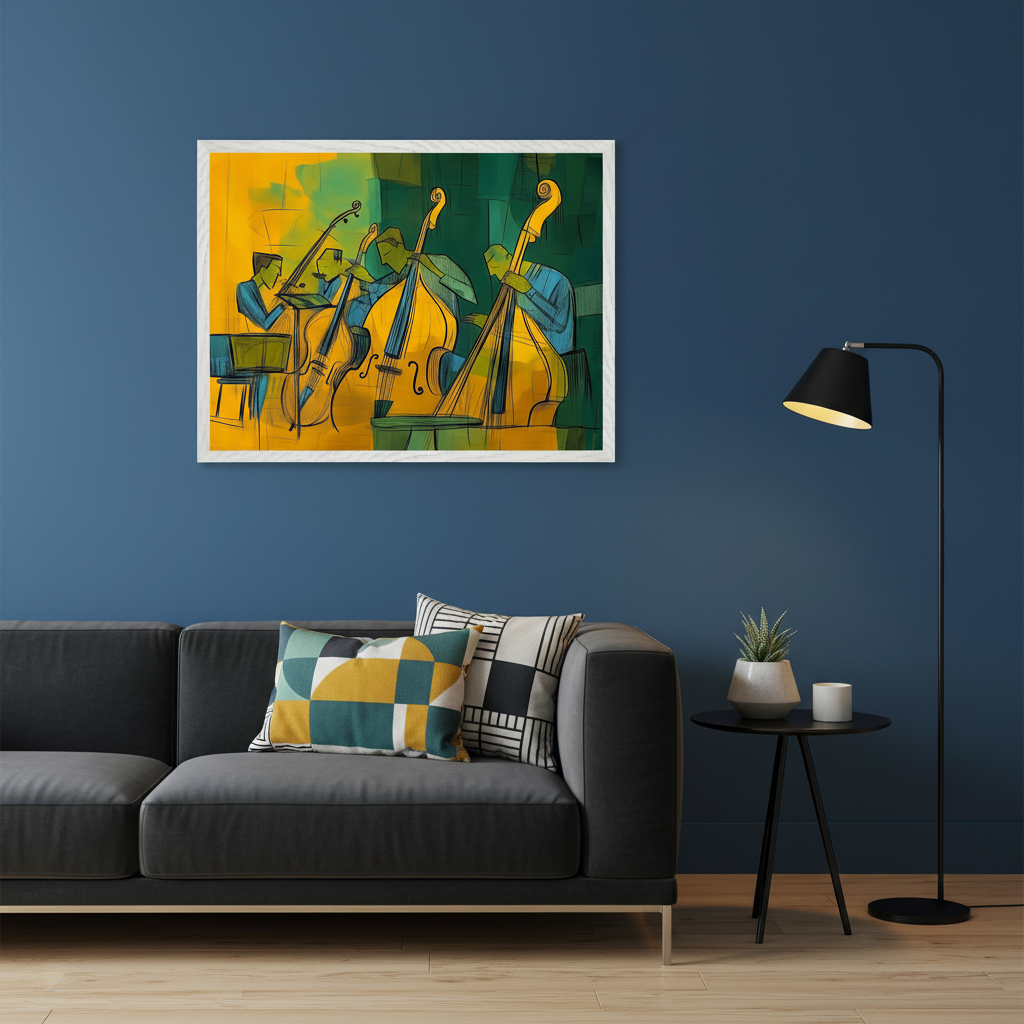 Modern living room with a dark blue wall and a dark gray sofa. A large framed abstract painting of three musicians playing string basses in yellow, green, and blue hangs above the sofa. A black floor lamp and a side table are on the right.