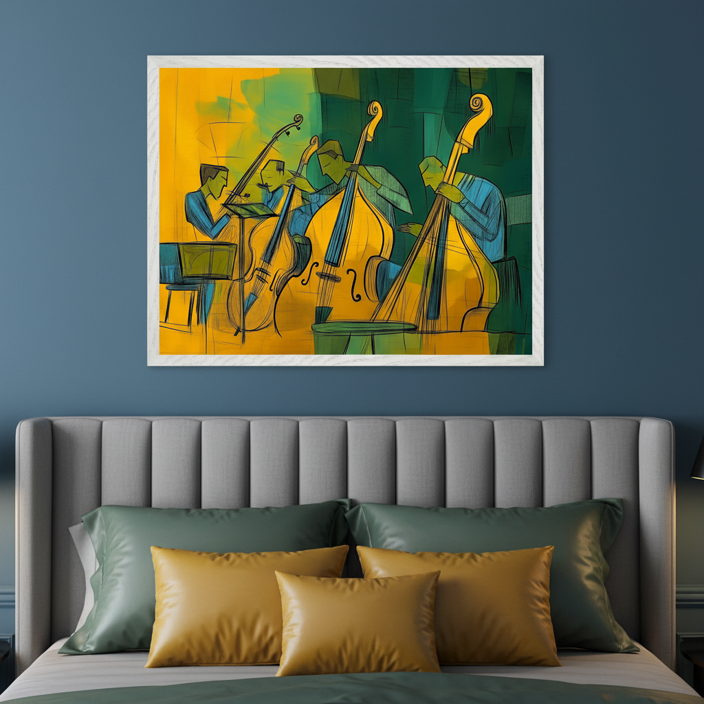 Modern bedroom with a gray upholstered bed. A framed abstract painting of four musicians playing upright string instruments in yellow and green hues hangs centered above the bed on a dark blue wall.