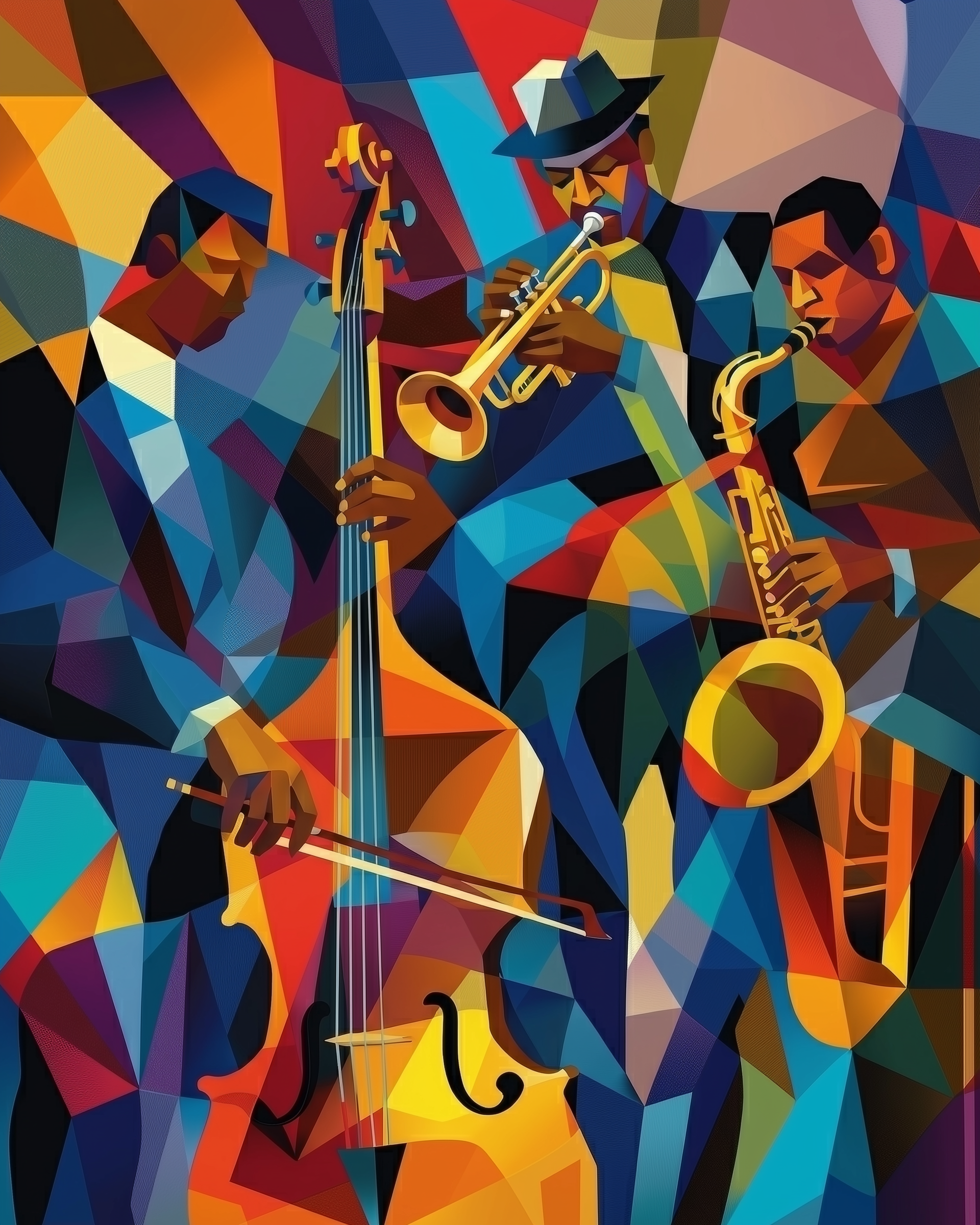 A vivid geometric illustration shows four jazz musicians playing upright bass, trumpet, and saxophone in bold overlapping shapes. The artwork bursts with rhythm and energy, celebrating the vibrant spirit of live jazz music.
