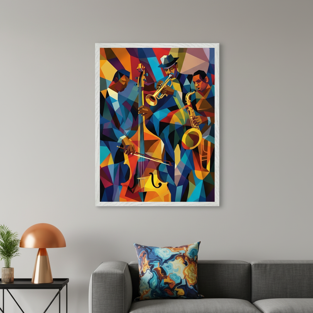 Modern living room with a gray sofa, patterned pillow, and a black side table with a plant and copper lamp. A large framed abstract painting of a three-person jazz band (bassist, trumpeter, saxophonist) in geometric shapes and vibrant colors hangs above the sofa.
