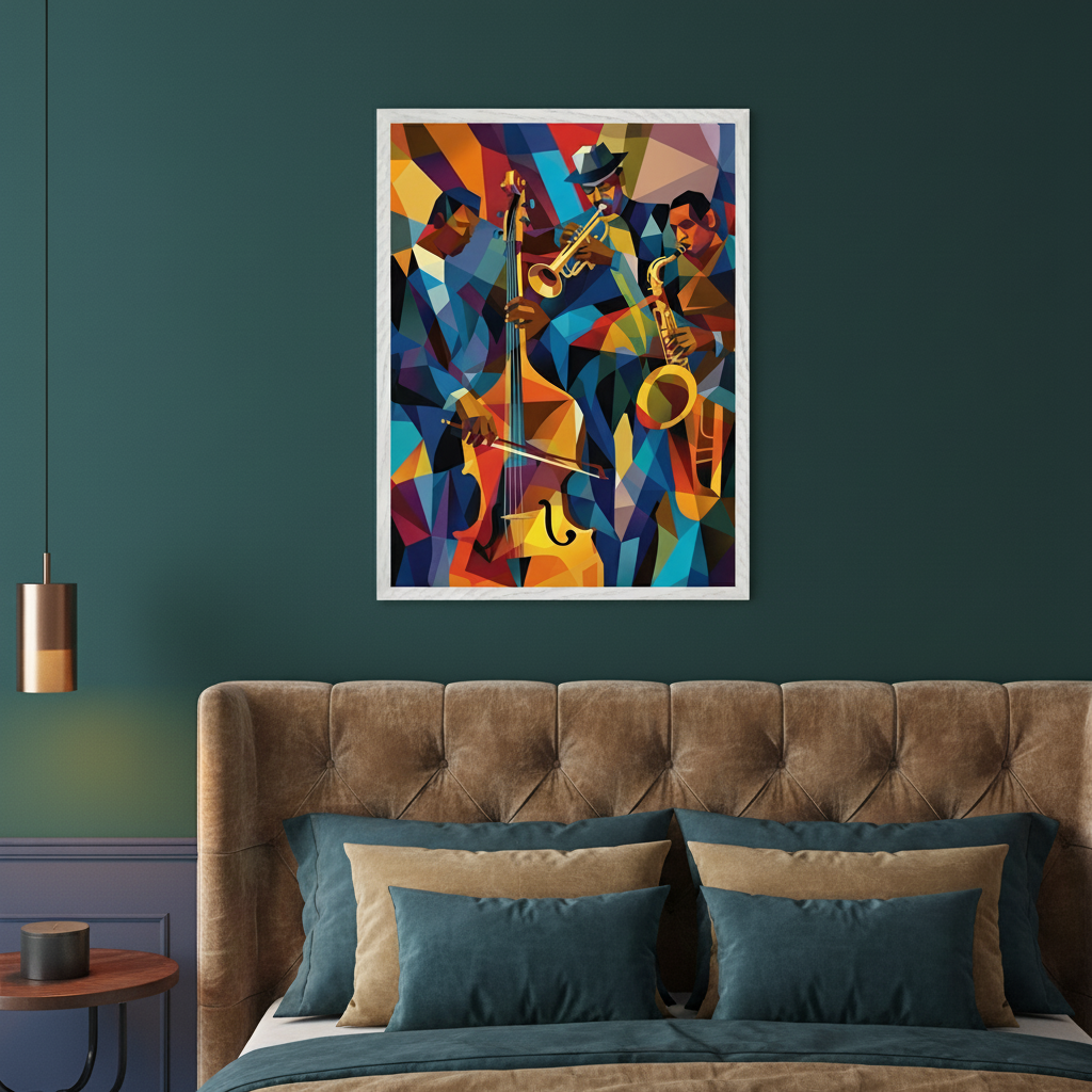 Bedroom with a brown tufted bed and teal wall. A vibrant, geometric framed print of three jazz musicians playing a double bass, trumpet, and saxophone hangs centered above the bed.