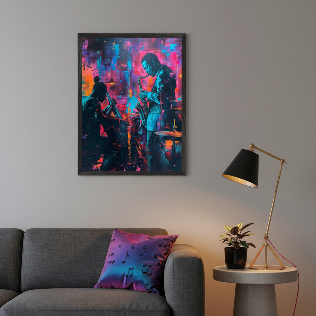 Modern living room with a gray sofa. A framed abstract painting of two jazz musicians, one playing saxophone and one upright bass, in vibrant neon colors hangs above the right side of the sofa. A side table with a lamp is next to the sofa.