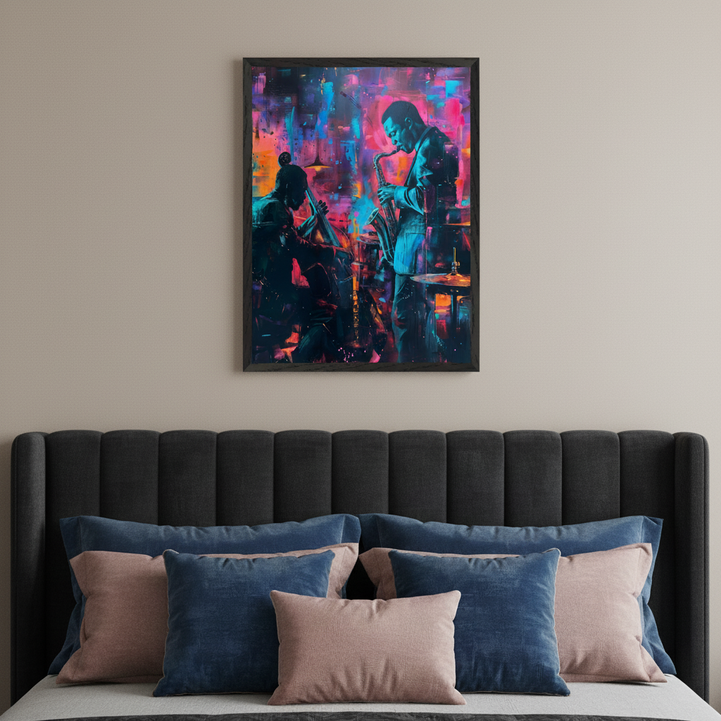 Modern bedroom with a dark gray upholstered headboard bed. A large framed abstract painting of two musicians, one playing saxophone and another an upright bass, in vibrant pink, blue, and orange hues, hangs above the bed.