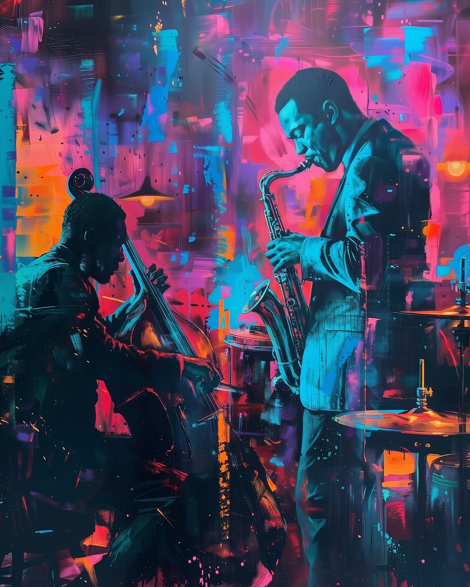 Two musicians play double bass and saxophone in a vividly painted, neon-lit scene full of motion and atmosphere. The expressive strokes and glowing colors capture the emotional intensity of a live jazz performance.

