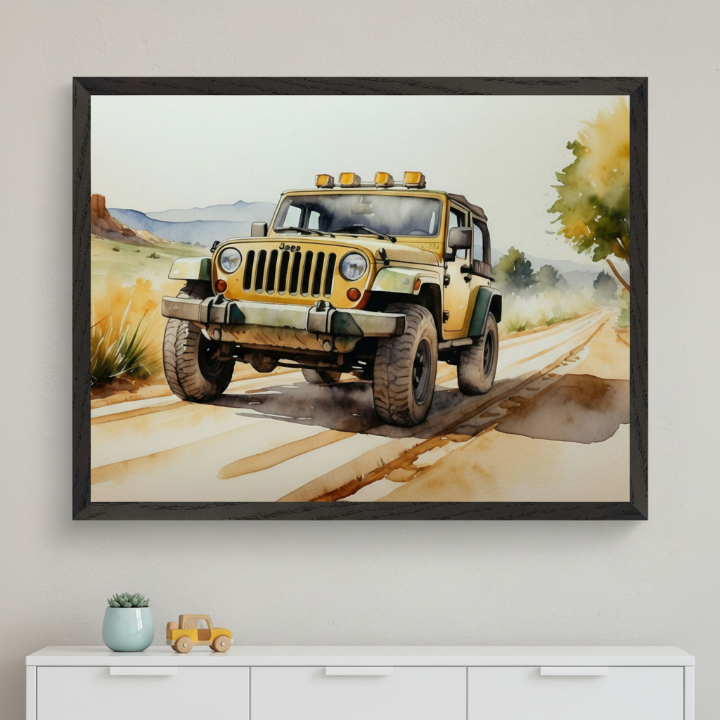 Modern room with a white dresser. A large framed watercolor painting of a yellow Jeep driving on a dirt road in a desert landscape hangs above the dresser. A potted succulent and a wooden toy car are on the dresser.