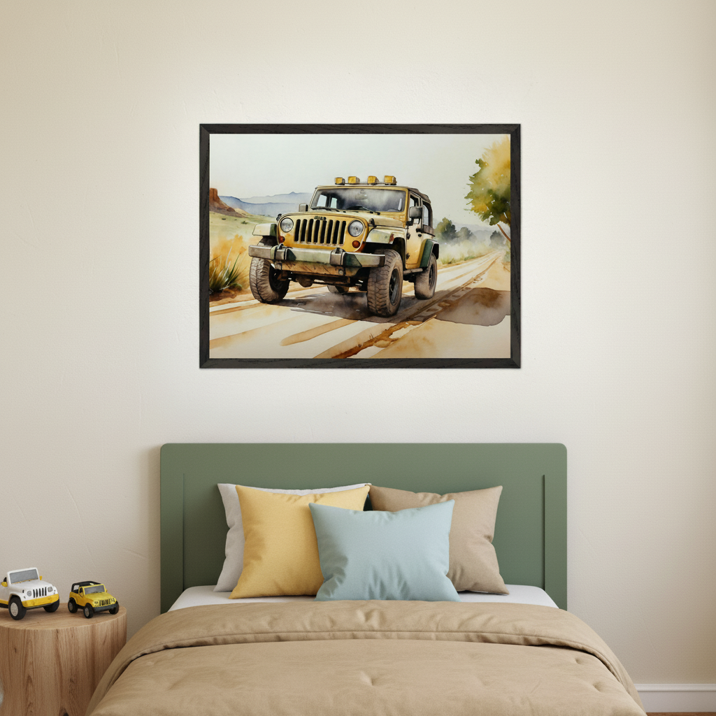 Kid's bedroom with a bed with a green headboard. Centered above the bed is a framed watercolor painting of a yellow Jeep on a dirt road. Two toy Jeeps sit on a wooden side table.