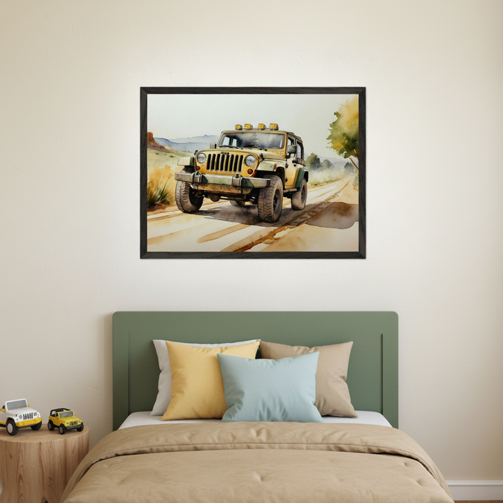Kid's bedroom with a bed with a green headboard. Centered above the bed is a framed watercolor painting of a yellow Jeep on a dirt road. Two toy Jeeps sit on a wooden side table.